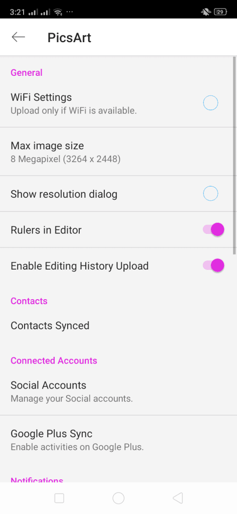 Settings in picsart app on android